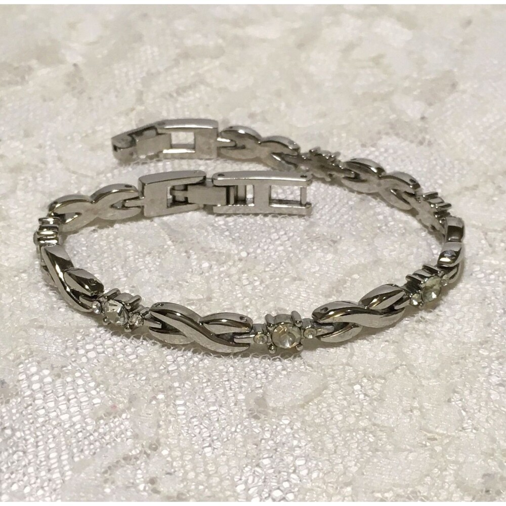 Vintage Anne Kein Chain Bracelet Silver Tone Rhinestone Accents Fold over clasp